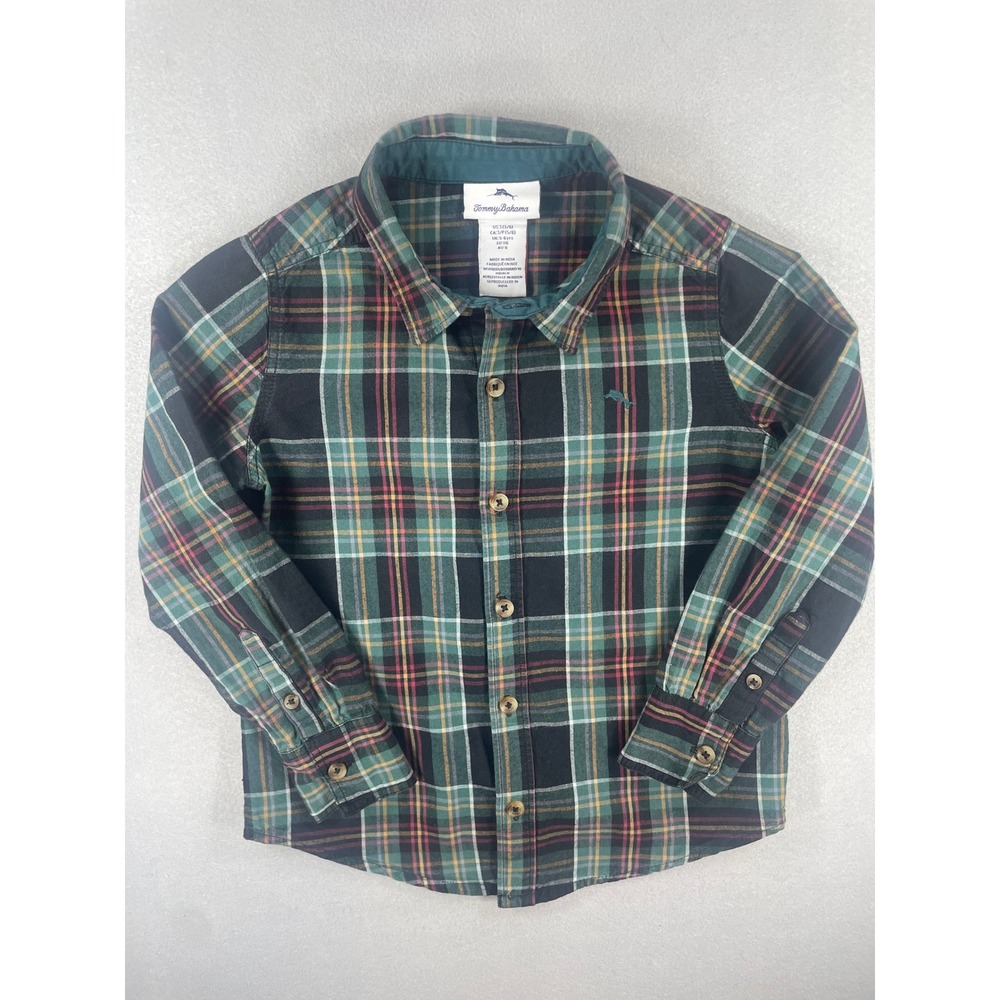 Tommy Bahama Boys S 5/6 Button Down Shirt Green Black Plaid Long Sleeve